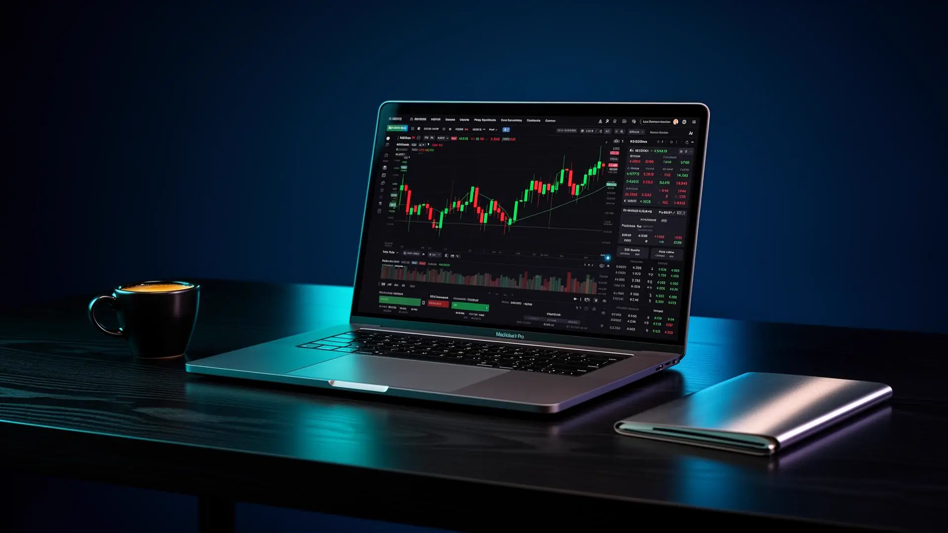 Trader's workspace: laptop on desk showing a live trading chart with candlesticks and indicators